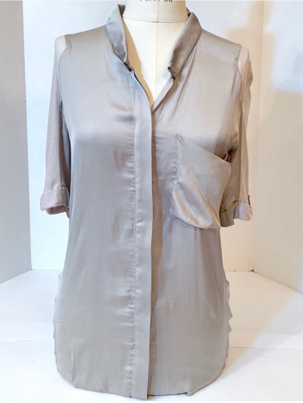 Helmut Lang Soft Taupe Silk-Blend Button Front Shirt